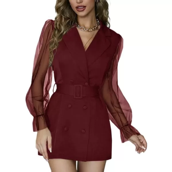 LYANER Women's Elegant Collar V Neck Lace Long Sleeve Blazer Mini Dress with Belt