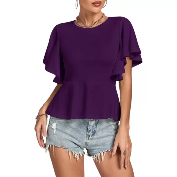 LYANER Women's Elegant Crewneck Ruffle Short Sleeve Blouse Shirt Peplum Top