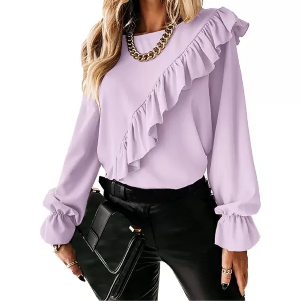LYANER Women's Elegant Crewneck Ruffle Trim Long Sleeve Blouse Shirt Top