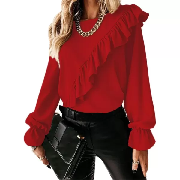 LYANER Women's Elegant Crewneck Ruffle Trim Long Sleeve Blouse Shirt Top