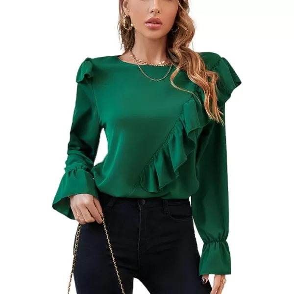 LYANER Women's Elegant Crewneck Ruffle Trim Long Sleeve Blouse Shirt Top