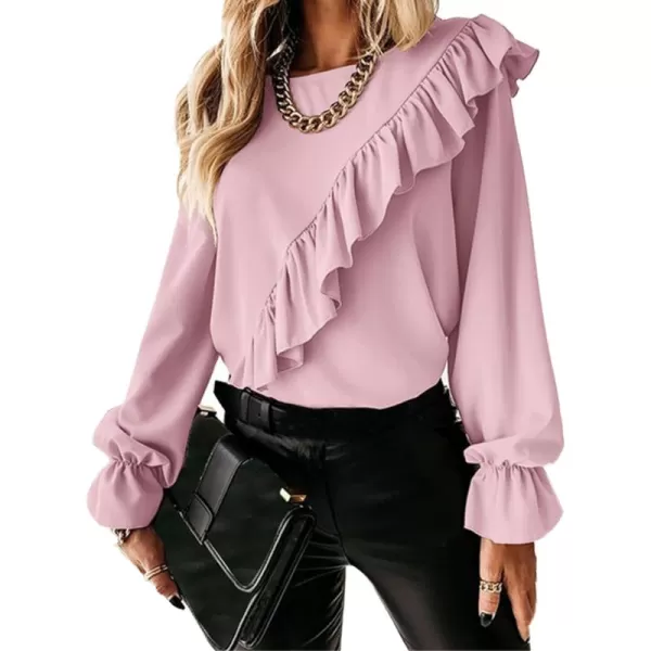 LYANER Women's Elegant Crewneck Ruffle Trim Long Sleeve Blouse Shirt Top