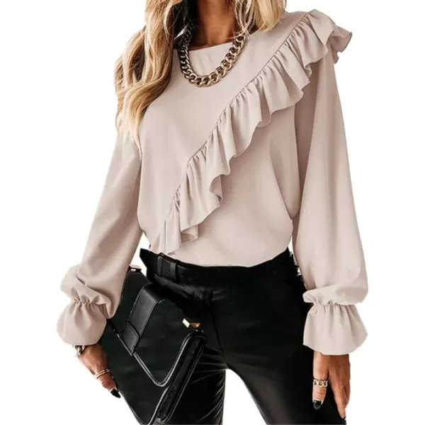 LYANER Women's Elegant Crewneck Ruffle Trim Long Sleeve Blouse Shirt Top