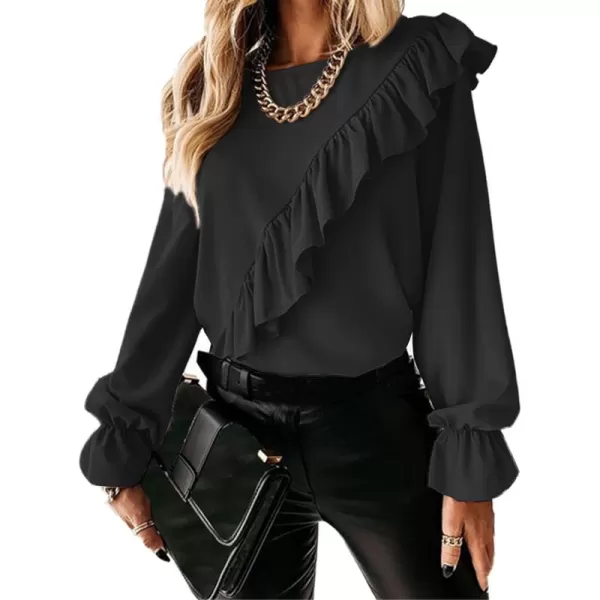 LYANER Women's Elegant Crewneck Ruffle Trim Long Sleeve Blouse Shirt Top