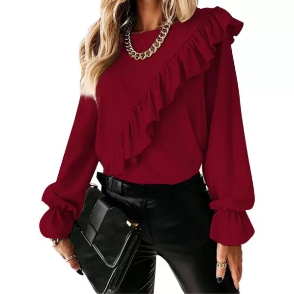 LYANER Women's Elegant Crewneck Ruffle Trim Long Sleeve Blouse Shirt Top