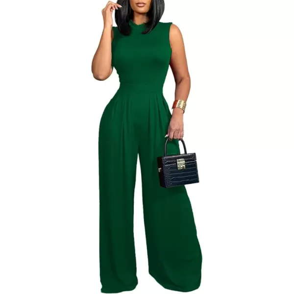 LYANER Women's Elegant Crewneck Sleeveless High Waist Long Wide Leg Pant Jumpsuit Romper