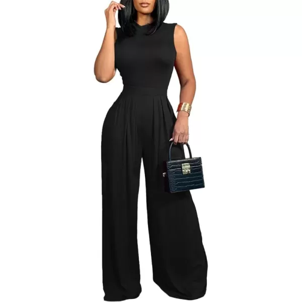 LYANER Women's Elegant Crewneck Sleeveless High Waist Long Wide Leg Pant Jumpsuit Romper