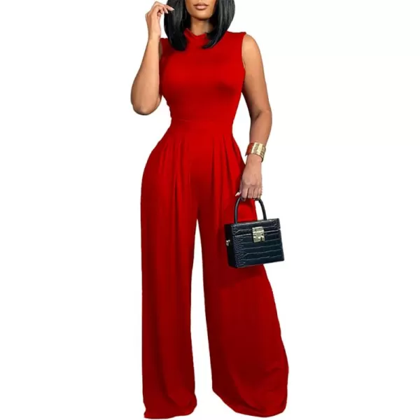 LYANER Women's Elegant Crewneck Sleeveless High Waist Long Wide Leg Pant Jumpsuit Romper