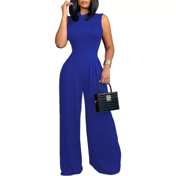 LYANER Women's Elegant Crewneck Sleeveless High Waist Long Wide Leg Pant Jumpsuit Romper