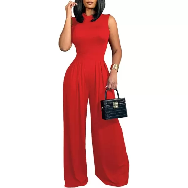 LYANER Women's Elegant Crewneck Sleeveless High Waist Long Wide Leg Pant Jumpsuit Romper