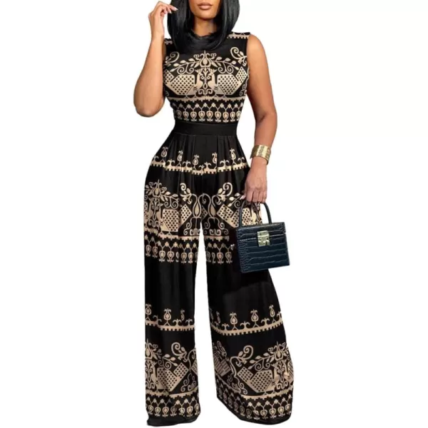 LYANER Women's Elegant Crewneck Sleeveless High Waist Long Wide Leg Pant Jumpsuit Romper