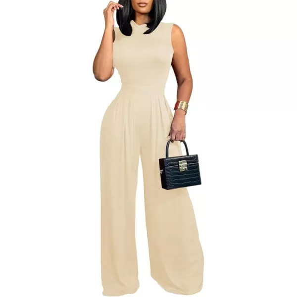 LYANER Women's Elegant Crewneck Sleeveless High Waist Long Wide Leg Pant Jumpsuit Romper