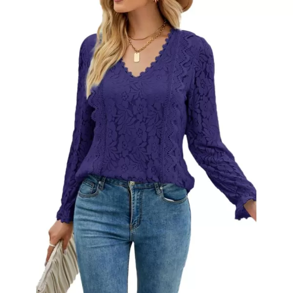 LYANER Women's Elegant Lace V Neck Lined Long Sleeve Tunic Blouse Shirt Top