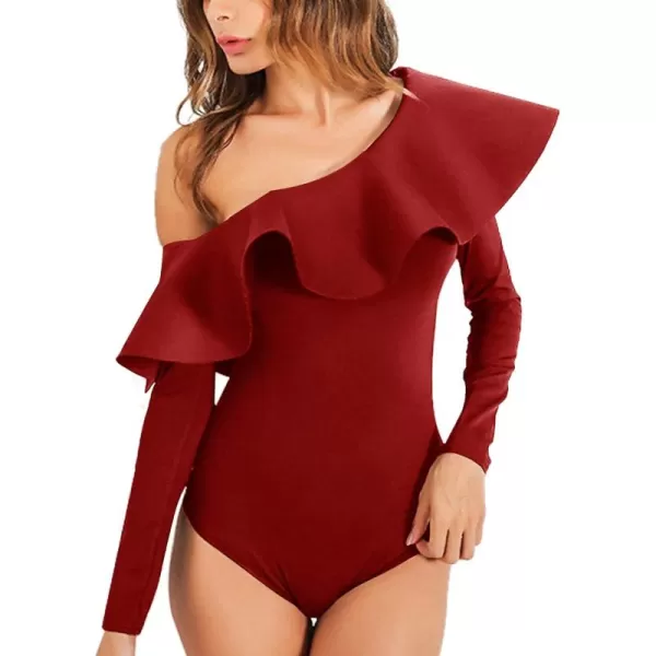 LYANER Women's Elegant Ruffled One Shoulder Long Sleeve Bodysuit Leotard Top