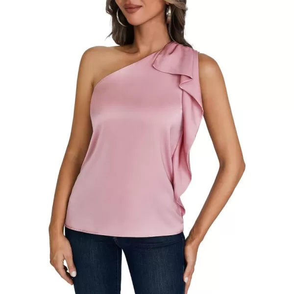 LYANER Women's Elegant Satin Ruffle One Shoulder Sleeveless Tunic Blouse Shirt Top