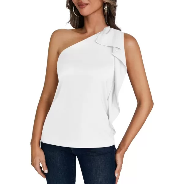LYANER Women's Elegant Satin Ruffle One Shoulder Sleeveless Tunic Blouse Shirt Top