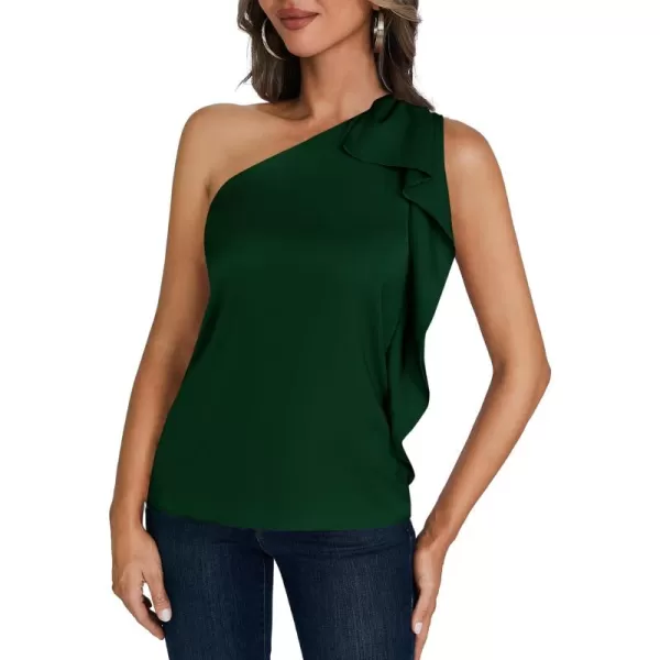 LYANER Women's Elegant Satin Ruffle One Shoulder Sleeveless Tunic Blouse Shirt Top