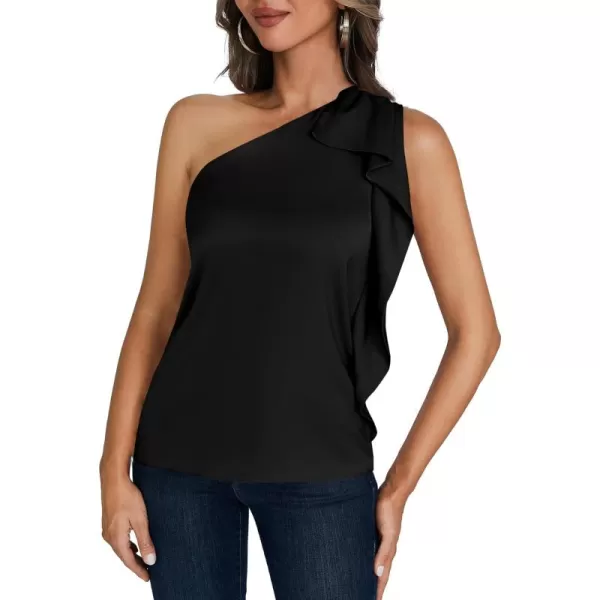 LYANER Women's Elegant Satin Ruffle One Shoulder Sleeveless Tunic Blouse Shirt Top