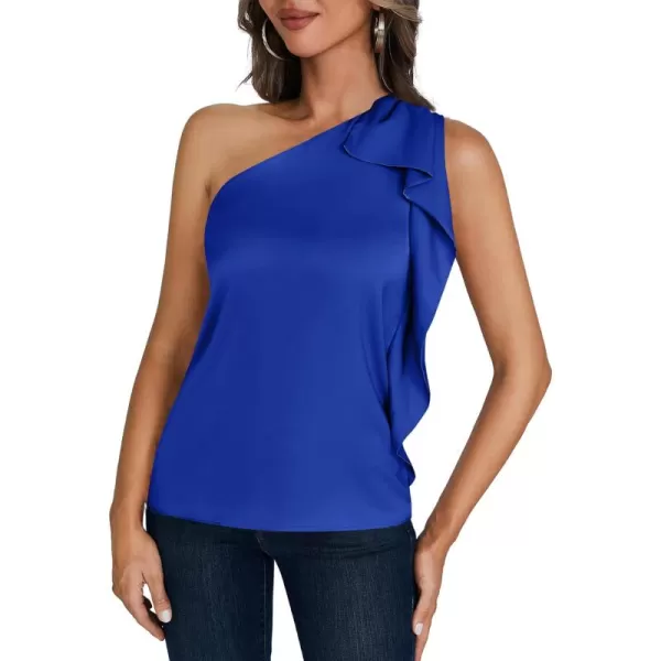 LYANER Women's Elegant Satin Ruffle One Shoulder Sleeveless Tunic Blouse Shirt Top