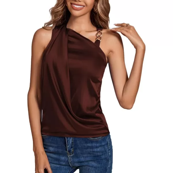 LYANER Women's Elegant Satin Silky One Shoulder Drape Front Sleeveless Blouse Shirt Tops