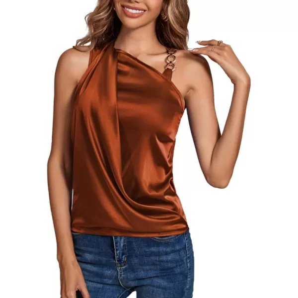LYANER Women's Elegant Satin Silky One Shoulder Drape Front Sleeveless Blouse Shirt Tops