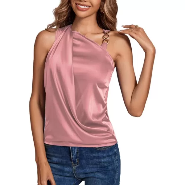 LYANER Women's Elegant Satin Silky One Shoulder Drape Front Sleeveless Blouse Shirt Tops