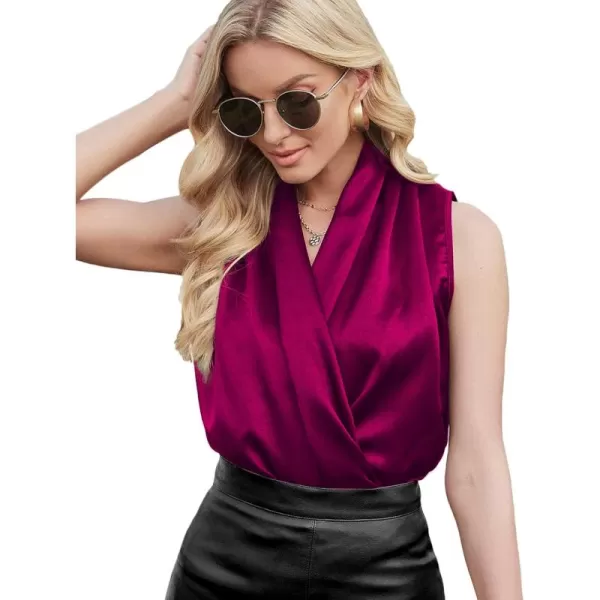LYANER Women's Elegant Satin Wrap V Neck Sleeveless Tank Blouse Tee Top