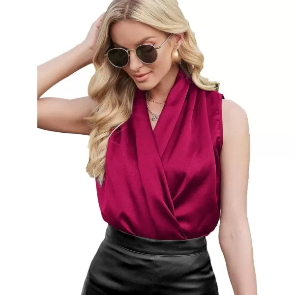LYANER Women's Elegant Satin Wrap V Neck Sleeveless Tank Blouse Tee Top