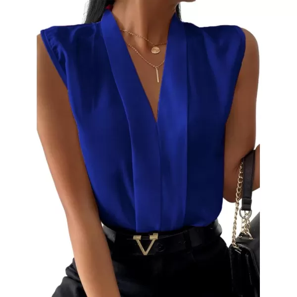 LYANER Women's Elegant V Neck Pleated Sleeveless Blouse Chiffon Work Shirt Tank Top