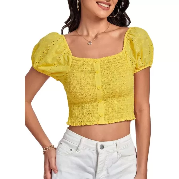 LYANER Women's Eyelet Embroidery Square Neck Puff Short Sleeve Shirred Buttom Crop Top