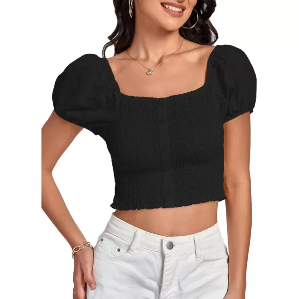 LYANER Women's Eyelet Embroidery Square Neck Puff Short Sleeve Shirred Buttom Crop Top