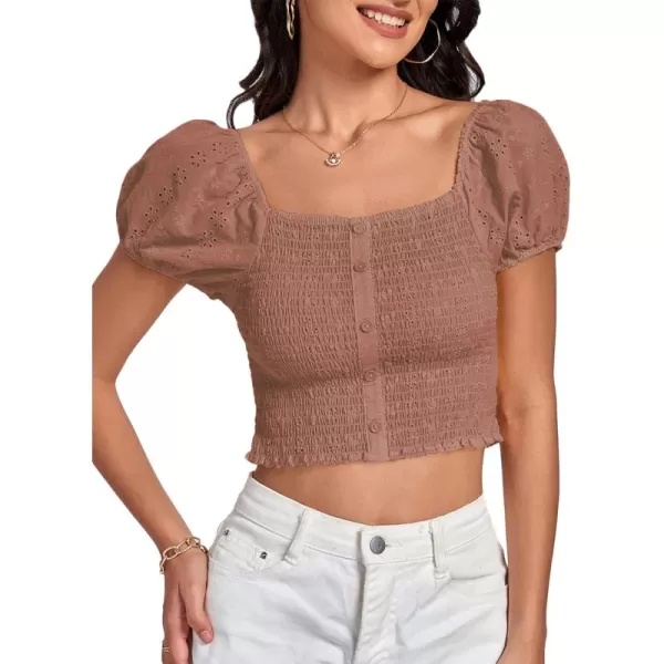 LYANER Women's Eyelet Embroidery Square Neck Puff Short Sleeve Shirred Buttom Crop Top