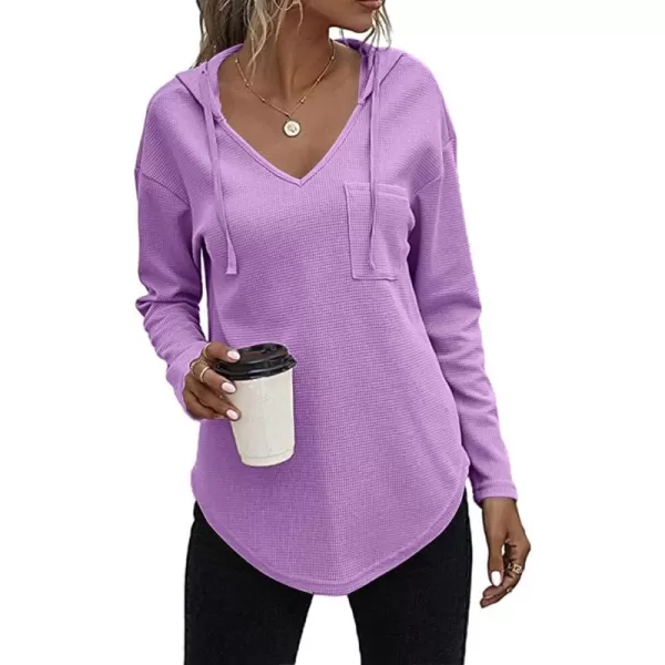 LYANER Women's Fashion V Neck Long Sleeve Waffle Hoodies Sweatshirt with Pocket