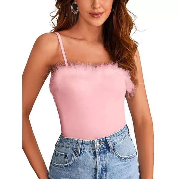 LYANER Women’s Feather Trim Spaghetti Strap Basic Sleeveless Tube Top Crop Cami Top