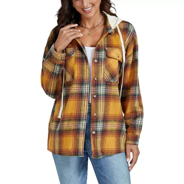 LYANER Women's Flannel Plaid Button Drawstring Hoodies Long Sleeve Blouse Shirt Jacket
