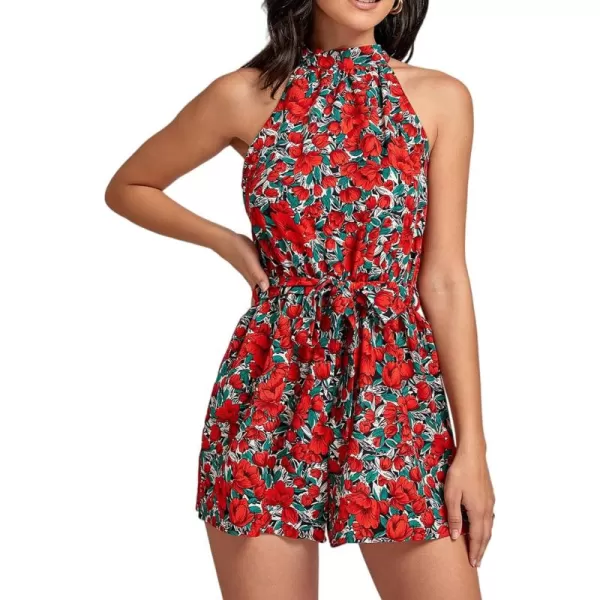 LYANER Women's Floral Print Halter Neck Tie Back Belt Sleeveless Romper Short Jumpsuit