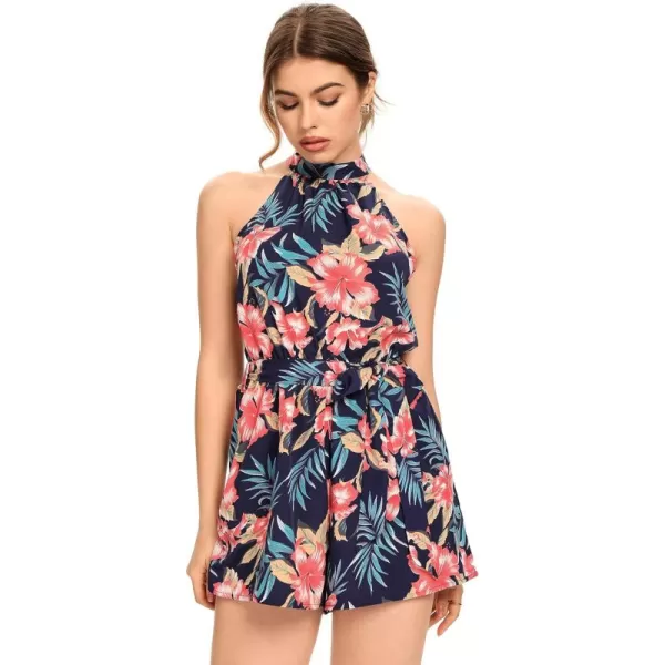 LYANER Women's Floral Print Halter Neck Tie Back Belt Sleeveless Romper Short Jumpsuit