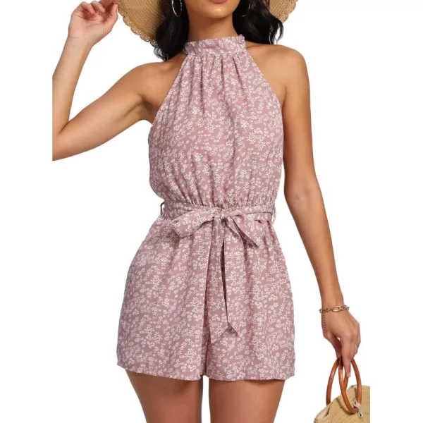 LYANER Women's Floral Print Halter Neck Tie Back Belt Sleeveless Romper Short Jumpsuit