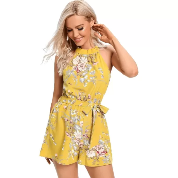 LYANER Women's Floral Print Halter Neck Tie Back Belt Sleeveless Romper Short Jumpsuit