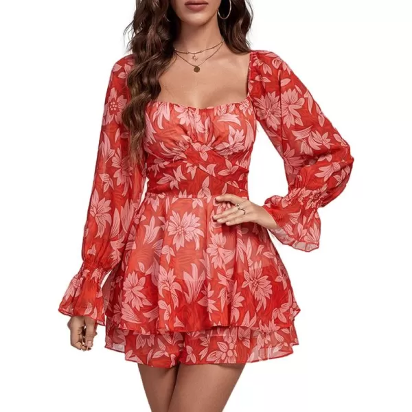 LYANER Women's Floral Print Off Shoulder Long Sleeve Ruffle Hem Romper Short Jumpsuit