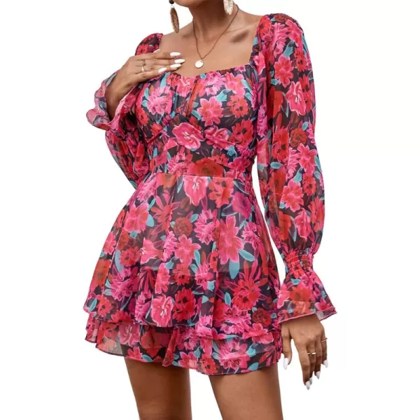 LYANER Women's Floral Print Off Shoulder Long Sleeve Ruffle Hem Romper Short Jumpsuit