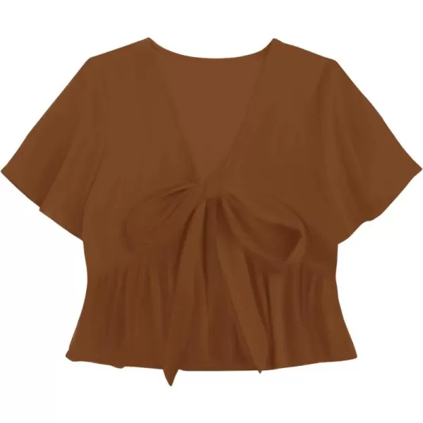LYANER Women's Floral Print V Neck Tie Knot Ruffle Hem Short Sleeve Blouse Peplum Top
