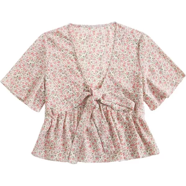 LYANER Women's Floral Print V Neck Tie Knot Ruffle Hem Short Sleeve Blouse Peplum Top