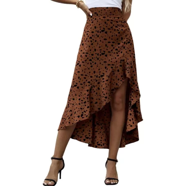 LYANER Women's Floral Printed Split High Low Ruffle Hem Elastic Waist Midi Skirt