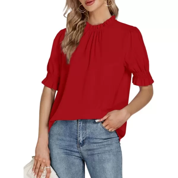 LYANER Women's Frill Mock Neck Pletaed Puff Short Sleeve Chiffon Blouse Shirt Top
