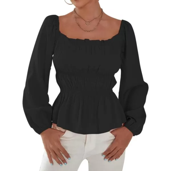 LYANER Women's Frill Smock Retro Square Neck Long Sleeve Shirred Blouse Tops