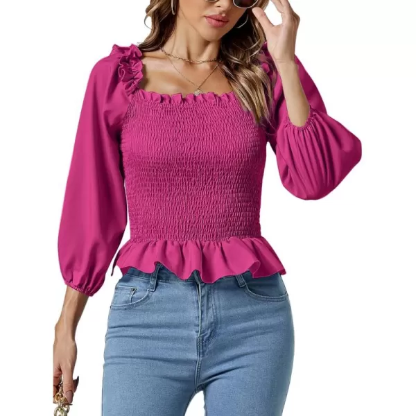 LYANER Women's Frill Square Neck Ruffle Trim Shirred 3/4 Puff Long Sleeve Pleated Blouse Crop Top
