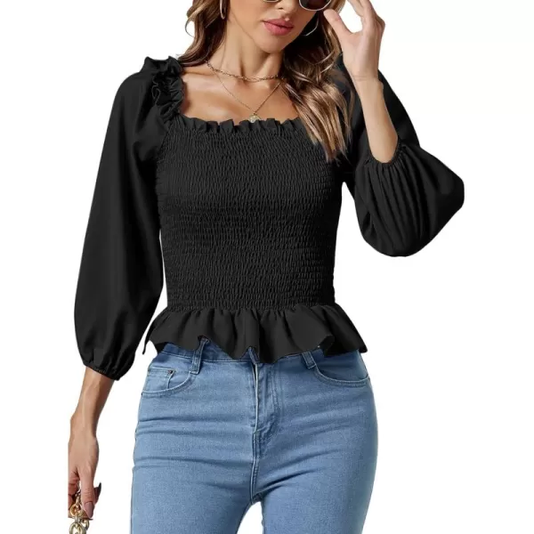 LYANER Women's Frill Square Neck Ruffle Trim Shirred 3/4 Puff Long Sleeve Pleated Blouse Crop Top