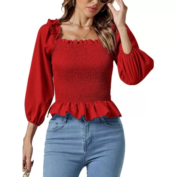 LYANER Women's Frill Square Neck Ruffle Trim Shirred 3/4 Puff Long Sleeve Pleated Blouse Crop Top