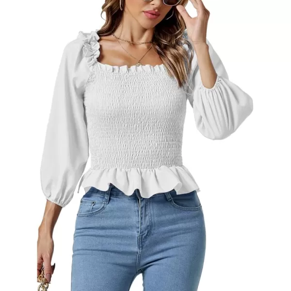 LYANER Women's Frill Square Neck Ruffle Trim Shirred 3/4 Puff Long Sleeve Pleated Blouse Crop Top